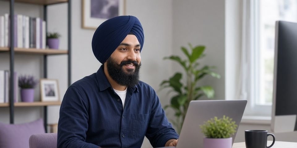 Developer in a turban smiling on a call at his desk, laptop open beside a plant
