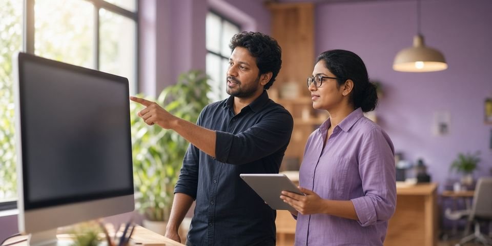 Two colleagues planning together: one points at a large monitor while the other holds a tablet