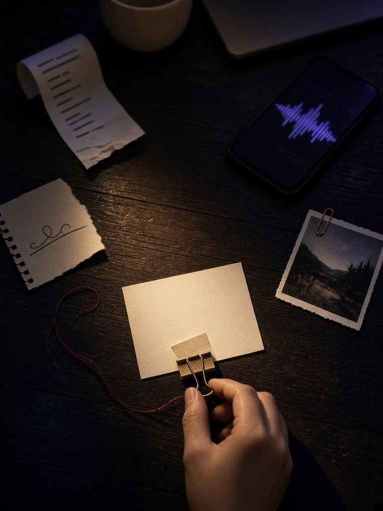 A desk scattered with useful bits: a receipt, a phone with a voice memo, a notebook, a photo and a link card gathered by one hand