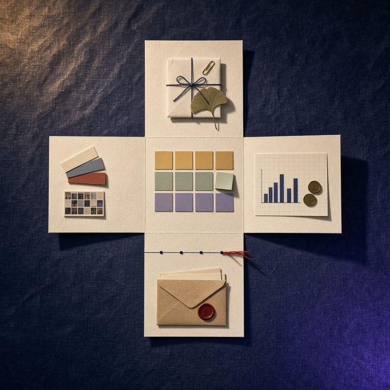 A paper project cube unfolded flat on a desk: brief, files, tasks, budget, timeline and handoff, one on each face