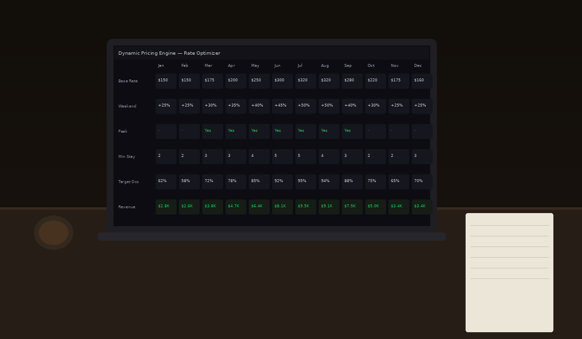 STR Operating System dynamic pricing engine showing seasonal rates and competitor analysis on a workspace desk