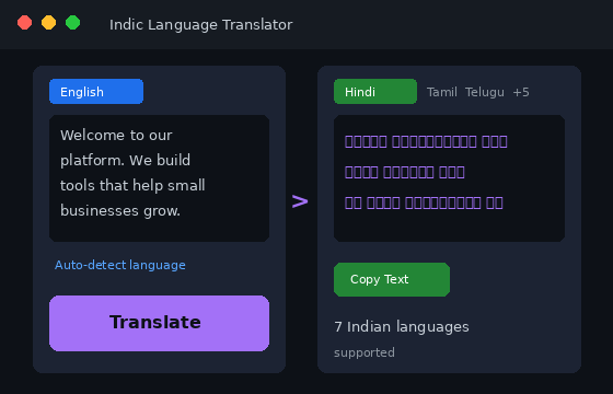 Indic language translator tool preview
